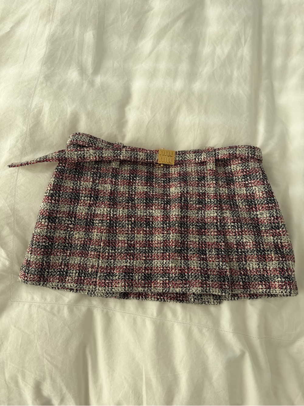 Miu Miu Pink and Black Tweed Mini Skirt with Logo Plaque